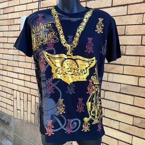 NWT Vintage Y2K Christian Audigier Black/Gold Skull Wings Chain shirt Size Large